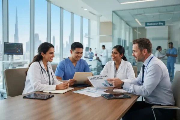 Healthcare professionals working in a modern Dubai hospital