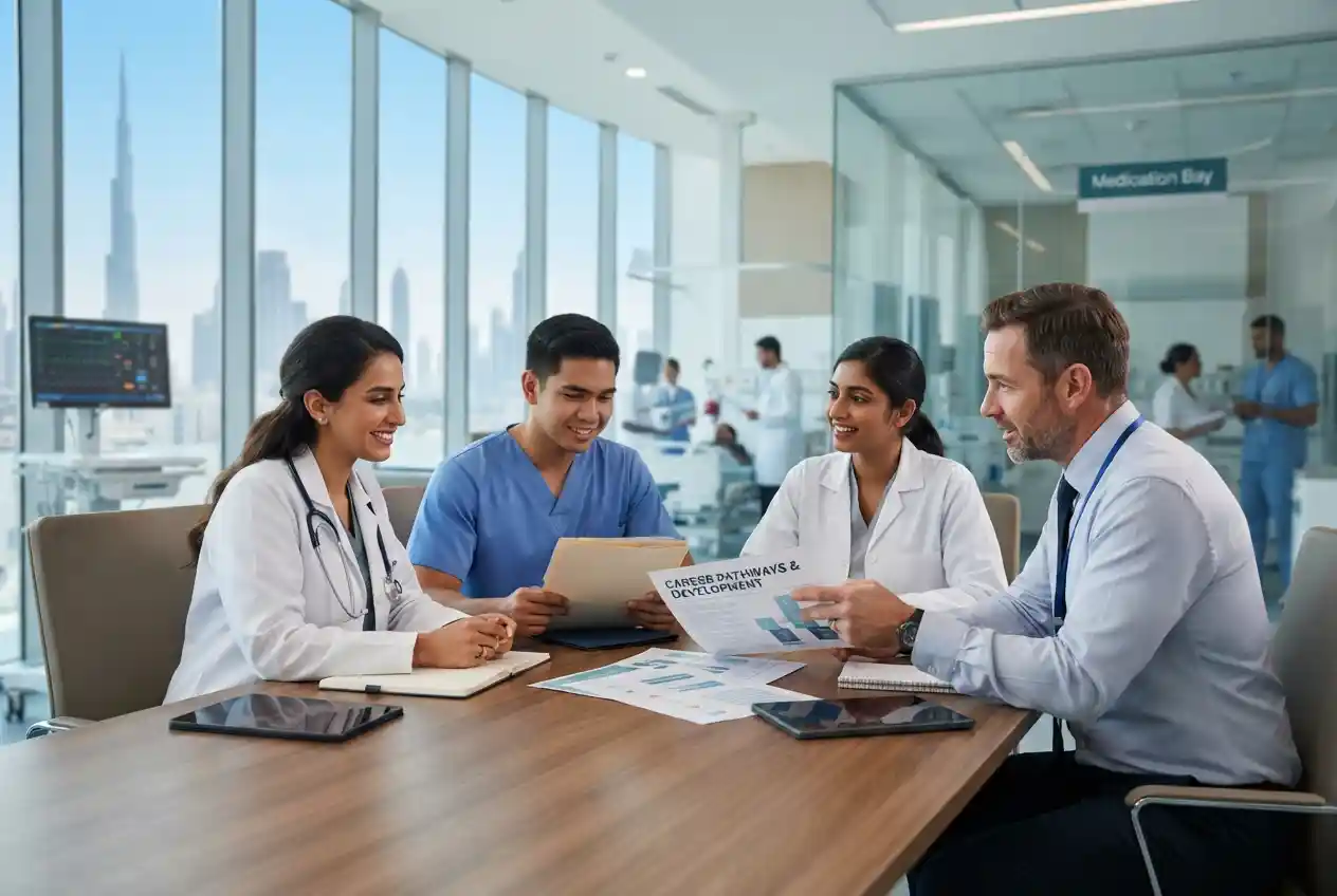 Healthcare professionals working in a modern Dubai hospital