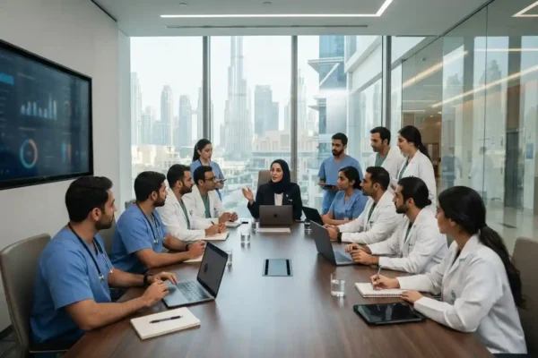 Healthcare manager leading a team in a modern UAE hospital