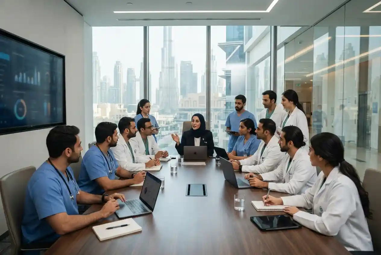 Healthcare manager leading a team in a modern UAE hospital