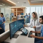 Healthcare professionals using digital healthcare solutions in a modern UAE medical facility