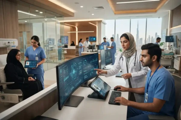 Healthcare professionals using digital healthcare solutions in a modern UAE medical facility