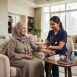 Healthcare professional providing home healthcare to an elderly patient in the UAE