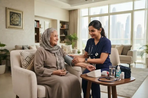 Healthcare professional providing home healthcare to an elderly patient in the UAE