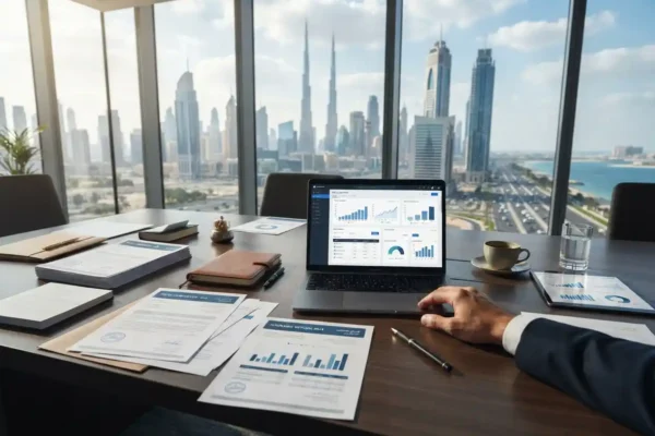 Insurance comparison UAE with policy documents and Dubai skyline