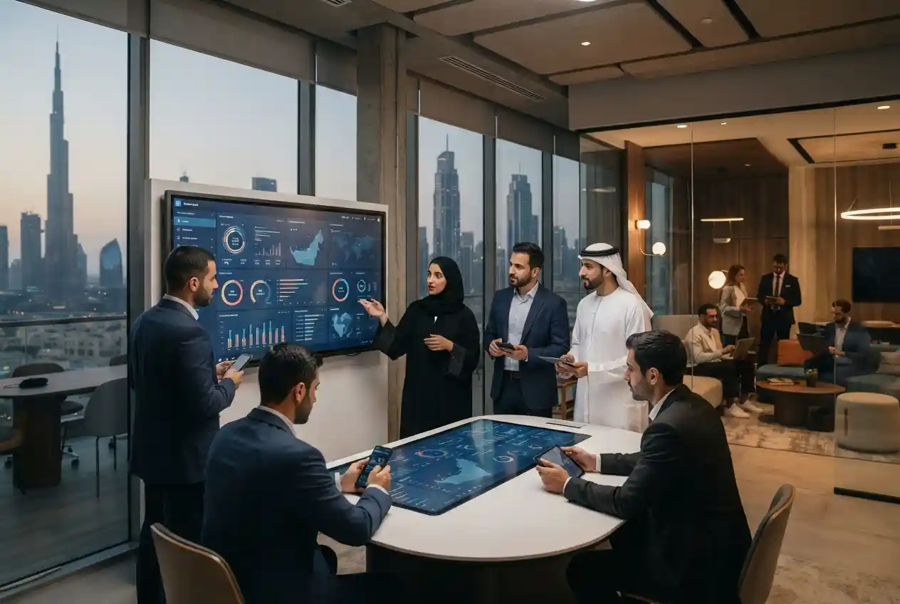 Professionals using interactive response technology in a modern UAE business environment