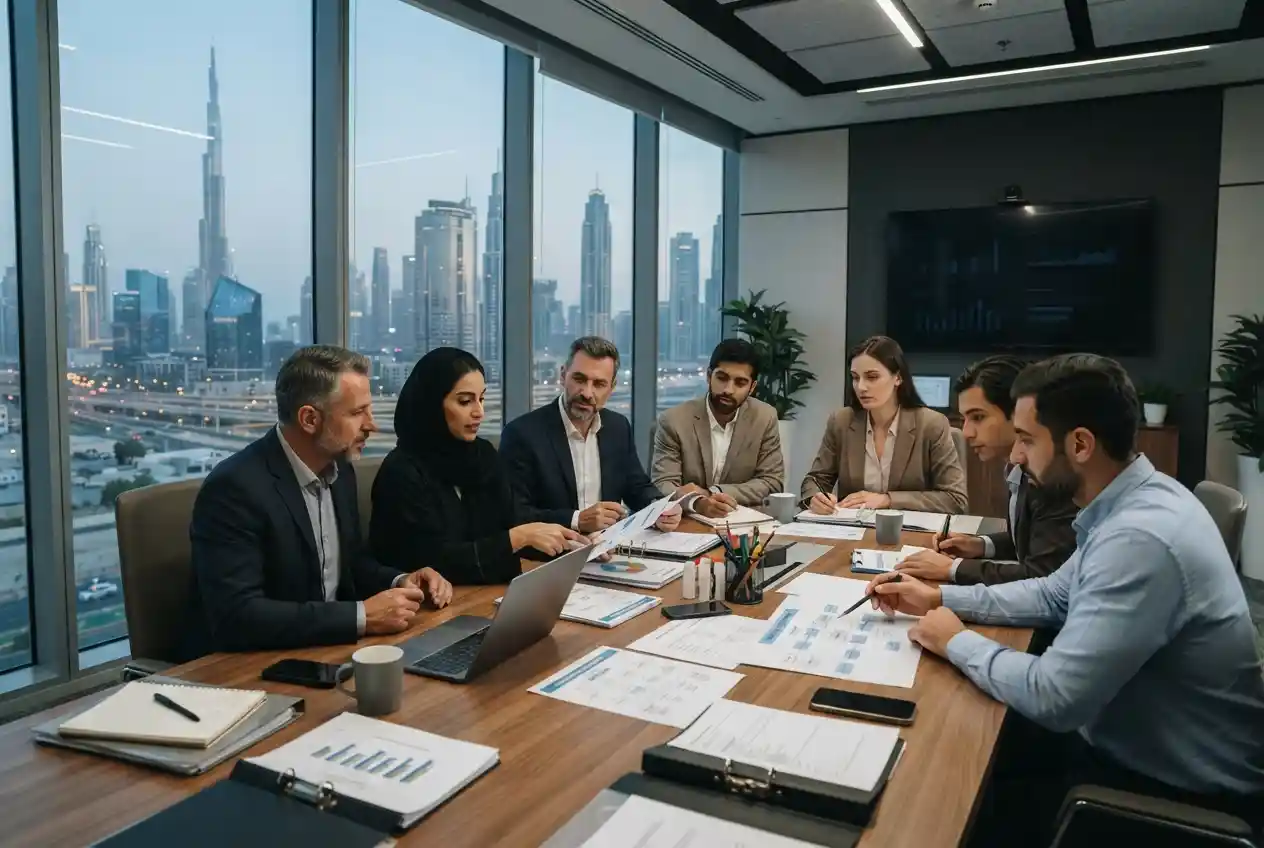 Professionals preparing for ISO certification in a Dubai corporate office