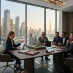 Business executives discussing real estate investment opportunities in a modern Dubai office.