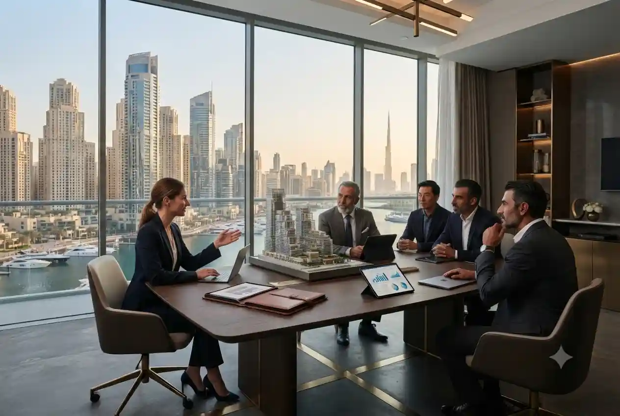Business executives discussing real estate investment opportunities in a modern Dubai office.