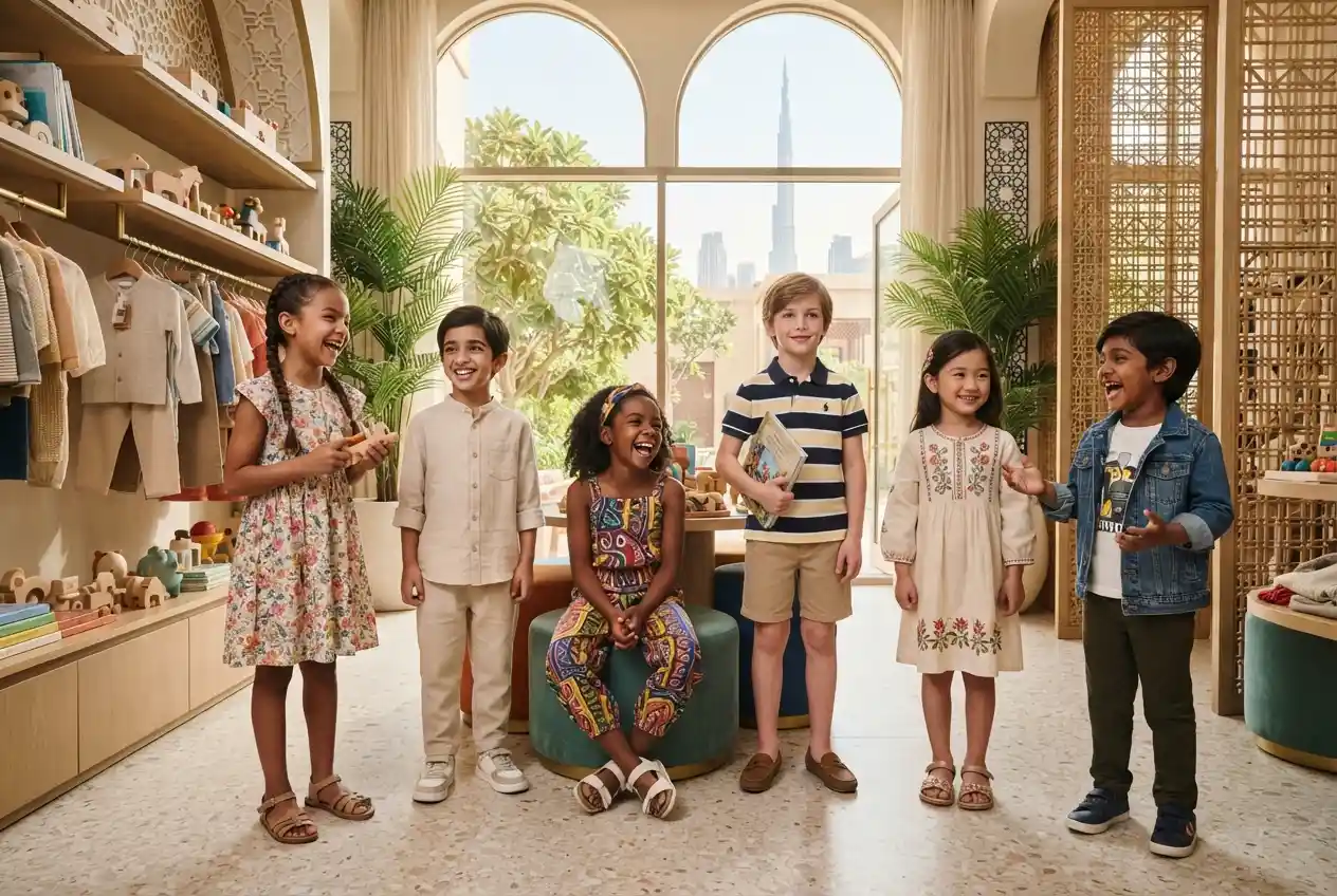 Children wearing stylish contemporary fashion clothing in Dubai