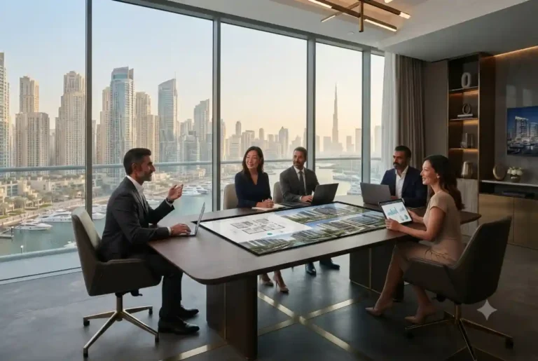 Professional real estate consultant presenting property investment opportunities in Dubai.