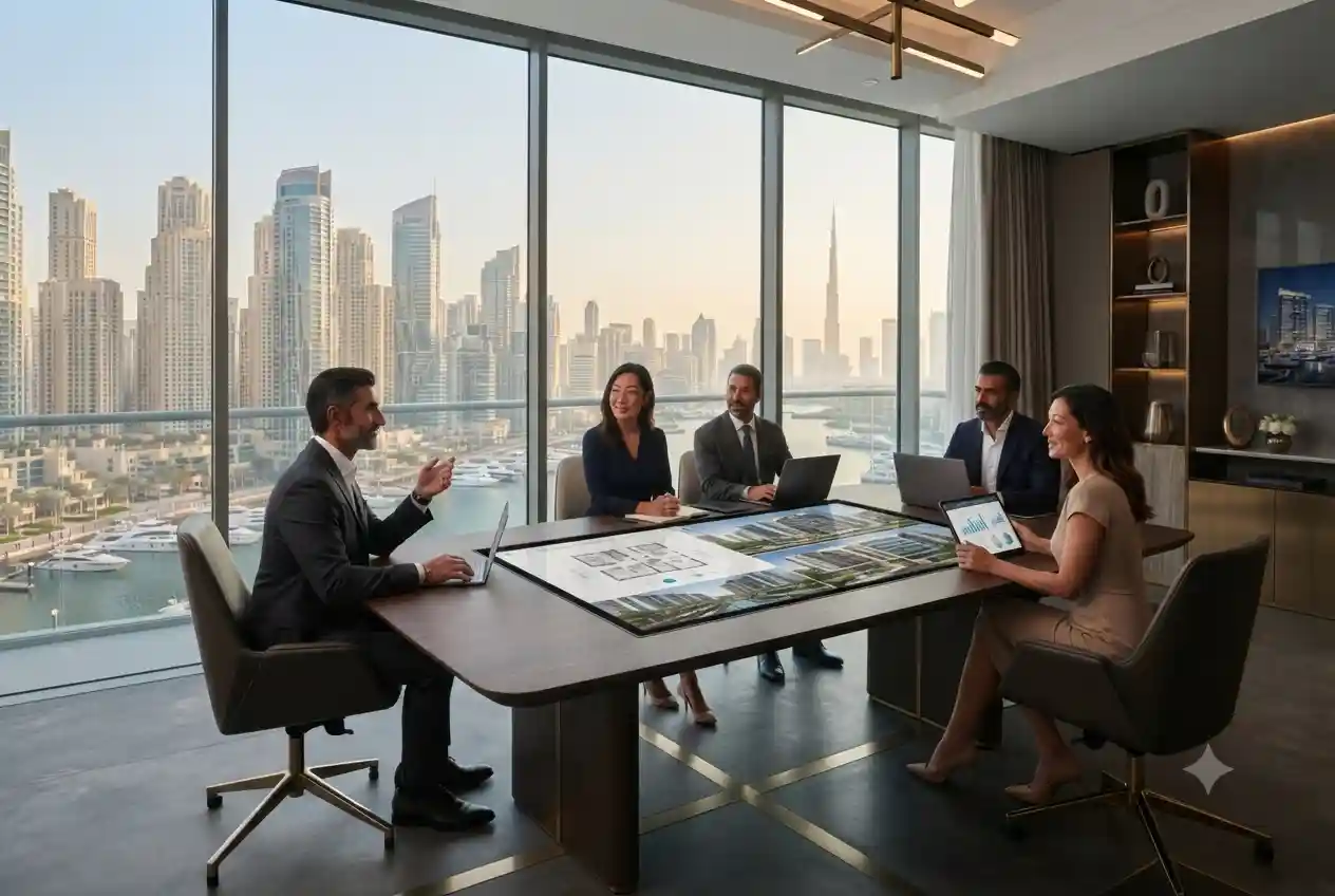 Professional real estate consultant presenting property investment opportunities in Dubai.