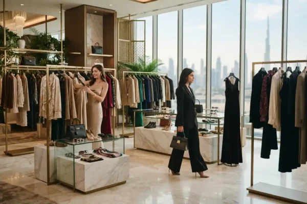 Luxury fashion clothing displayed in a premium Dubai boutique