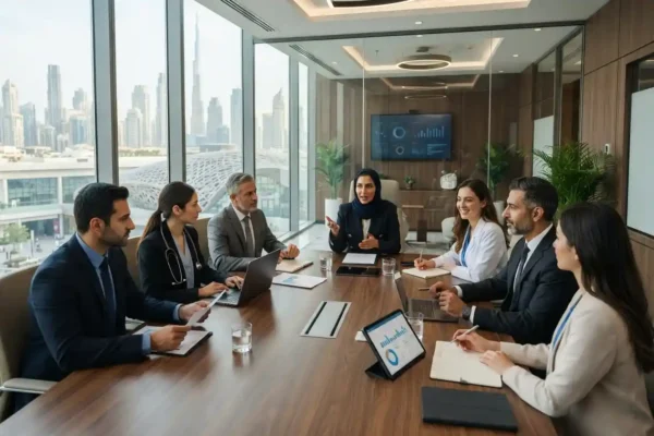 Healthcare management professionals attending a business meeting in Dubai