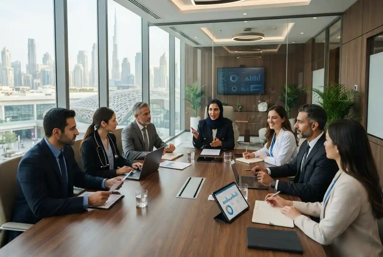 Healthcare management professionals attending a business meeting in Dubai