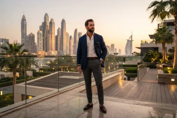 Stylish man wearing smart casual fashion clothing in Dubai