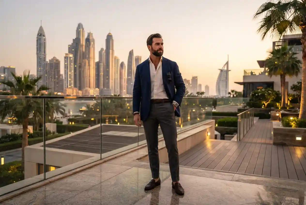 Stylish man wearing smart casual fashion clothing in Dubai