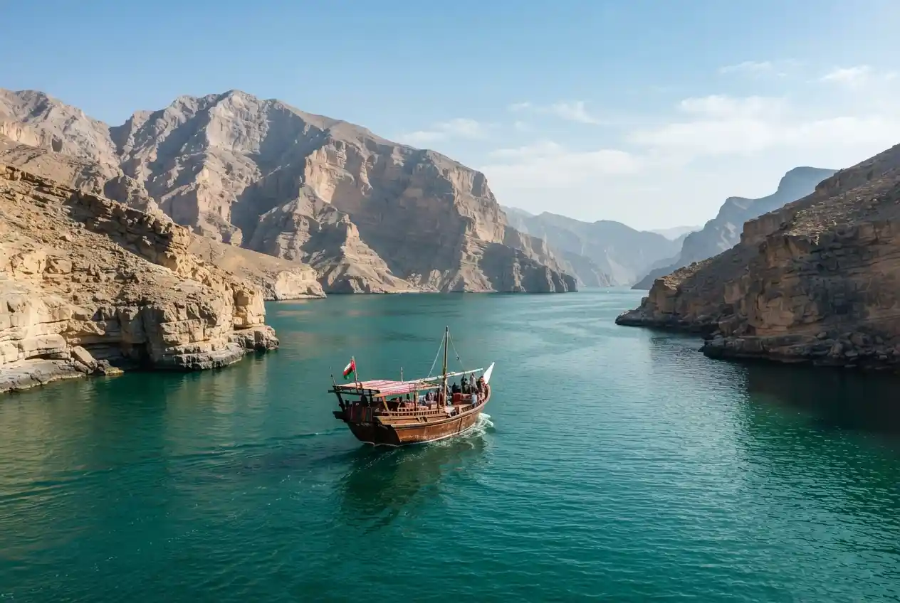 Traditional dhow cruise between Musandam mountains and turquoise waters