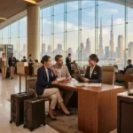 Travelers planning a UAE holiday with Dubai skyline in the background