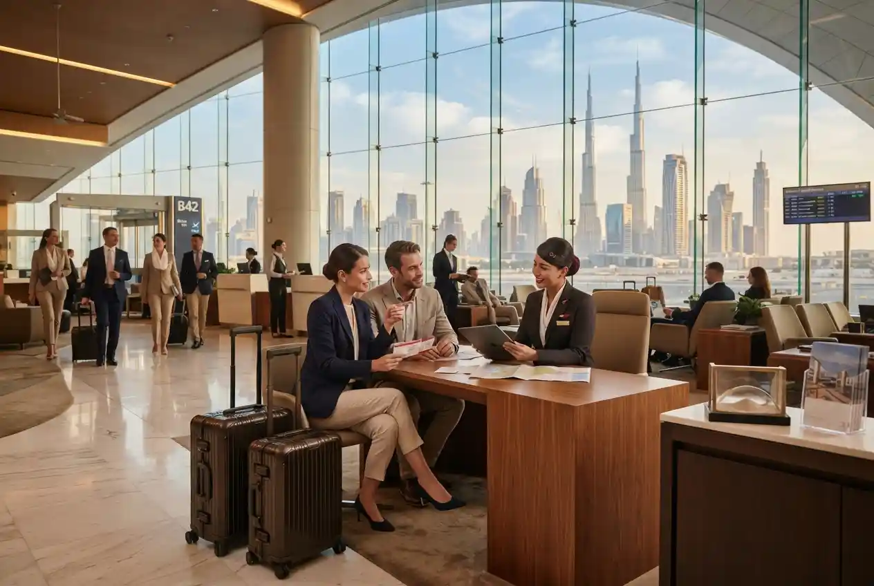 Travelers planning a UAE holiday with Dubai skyline in the background