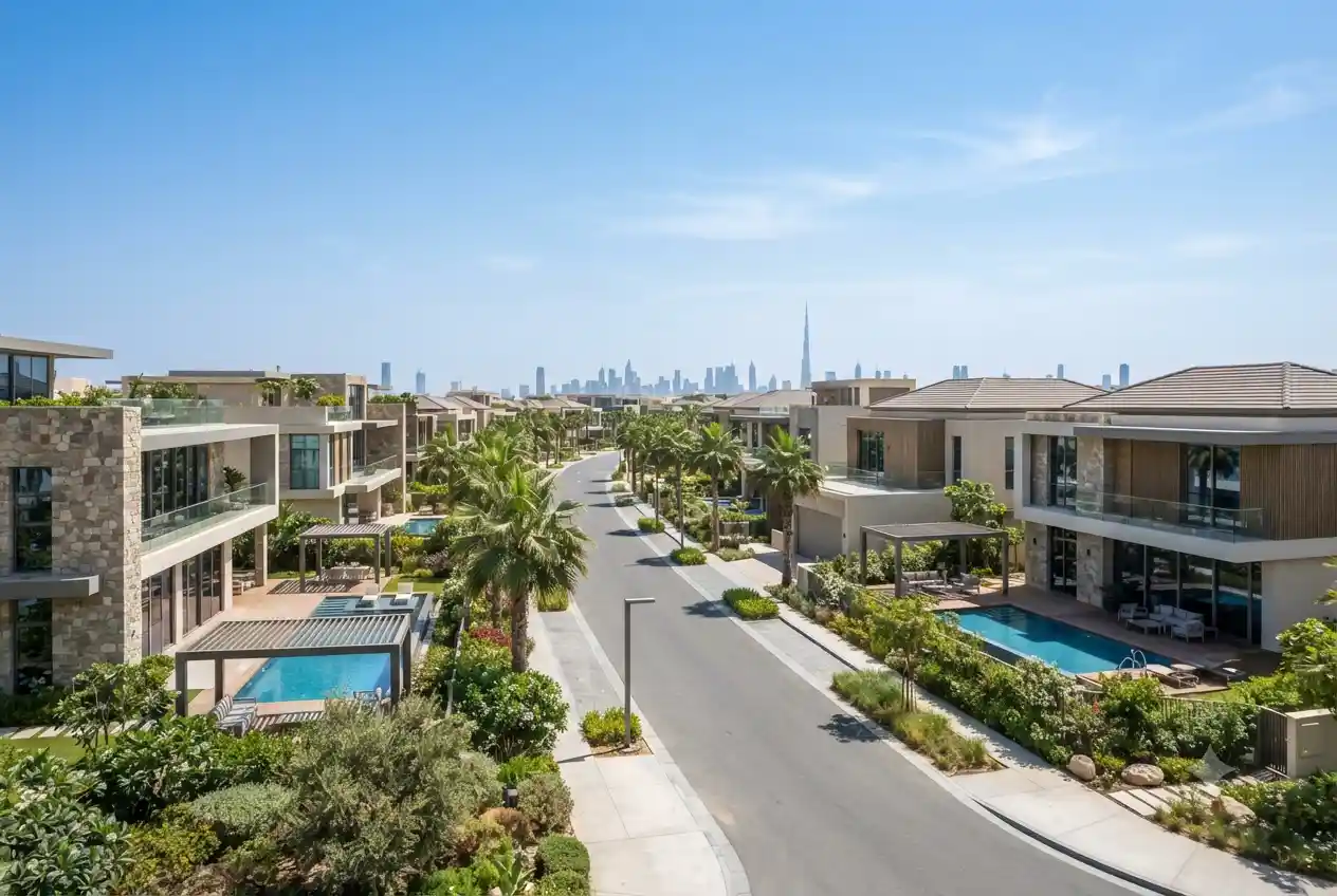 Modern off-plan villas in Dubai with landscaped surroundings and contemporary architecture.