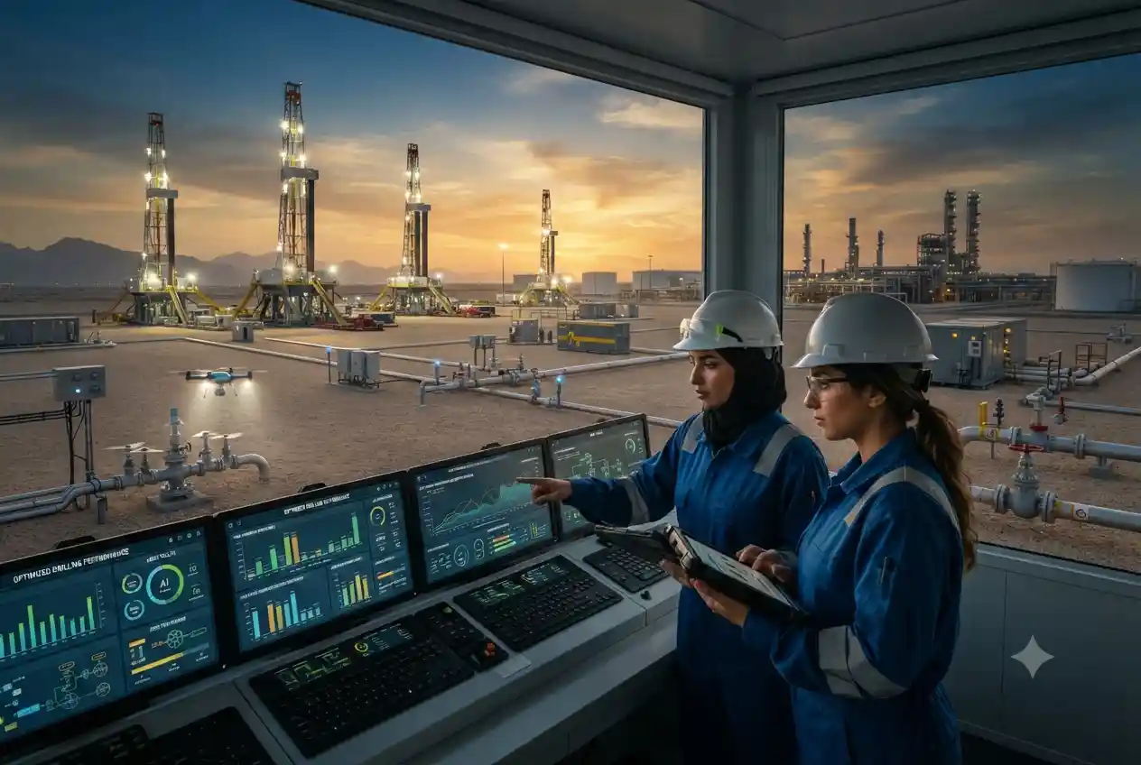 Engineers using advanced oilfield technology at a modern UAE energy facility