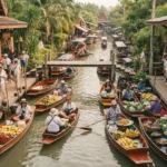 Traditional wooden boats and local shops at Pattaya Floating Market in Thailand.