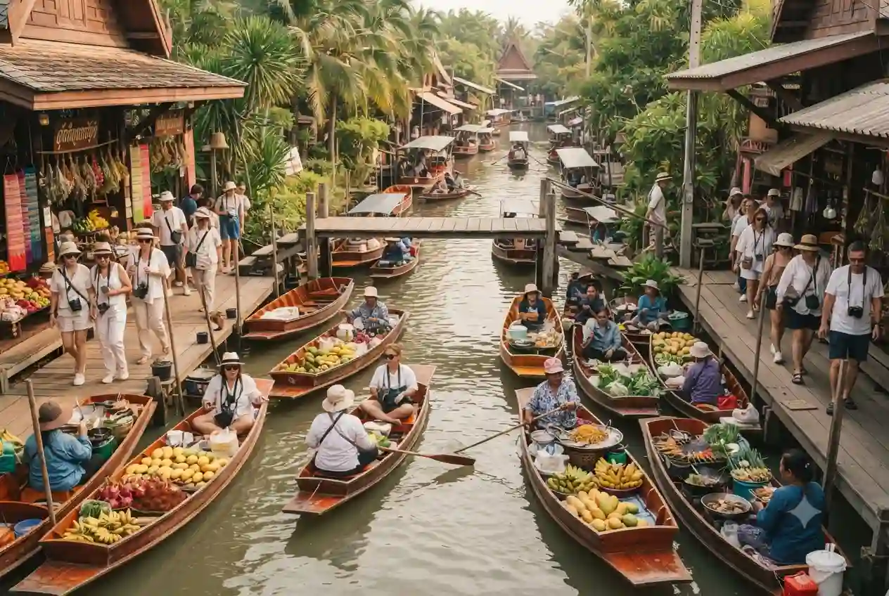 Traditional wooden boats and local shops at Pattaya Floating Market in Thailand.