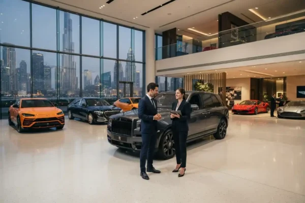 Luxury vehicles displayed at a premium car dealership in Dubai