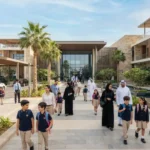 Students and parents arriving at a private school in the UAE