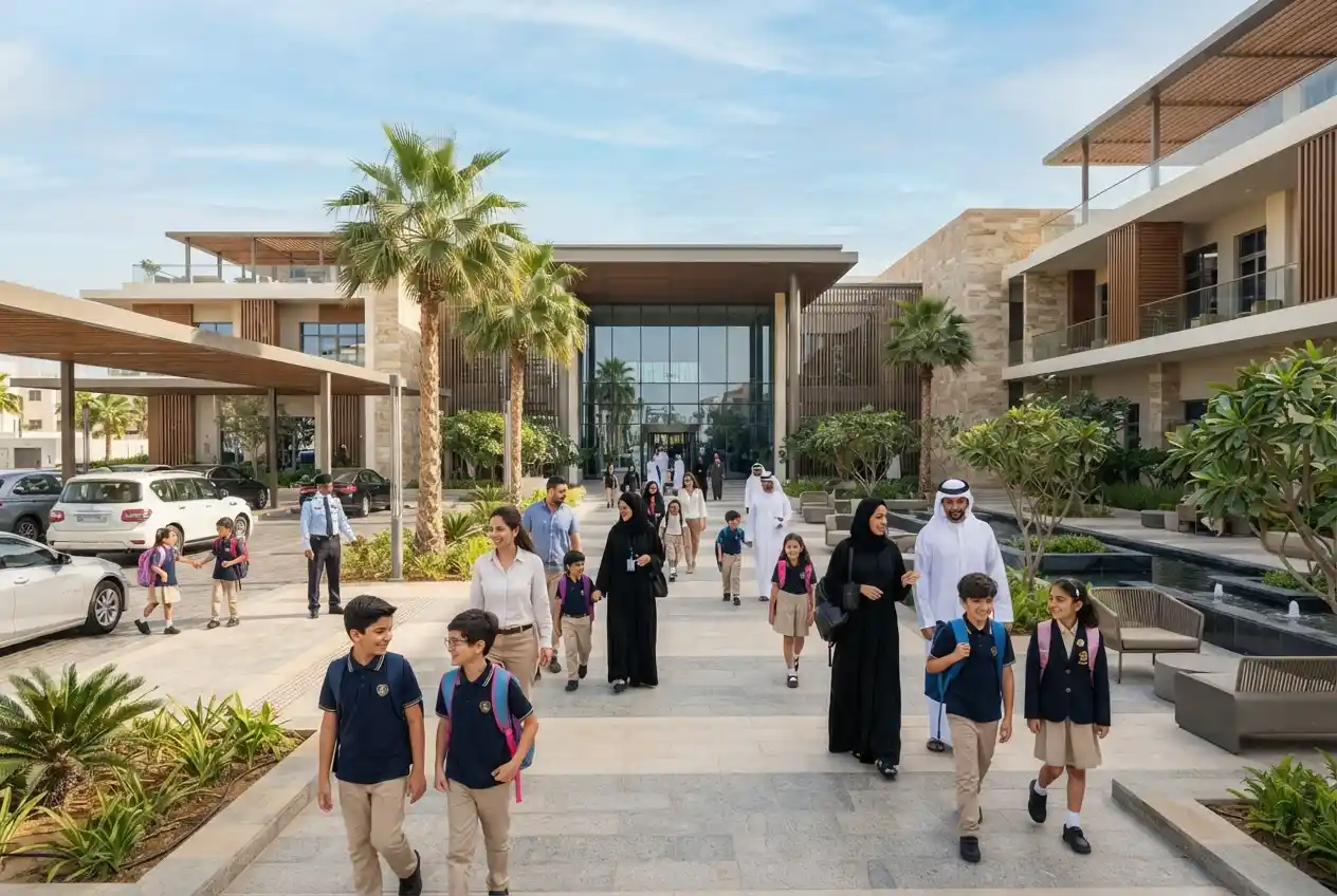 Students and parents arriving at a private school in the UAE