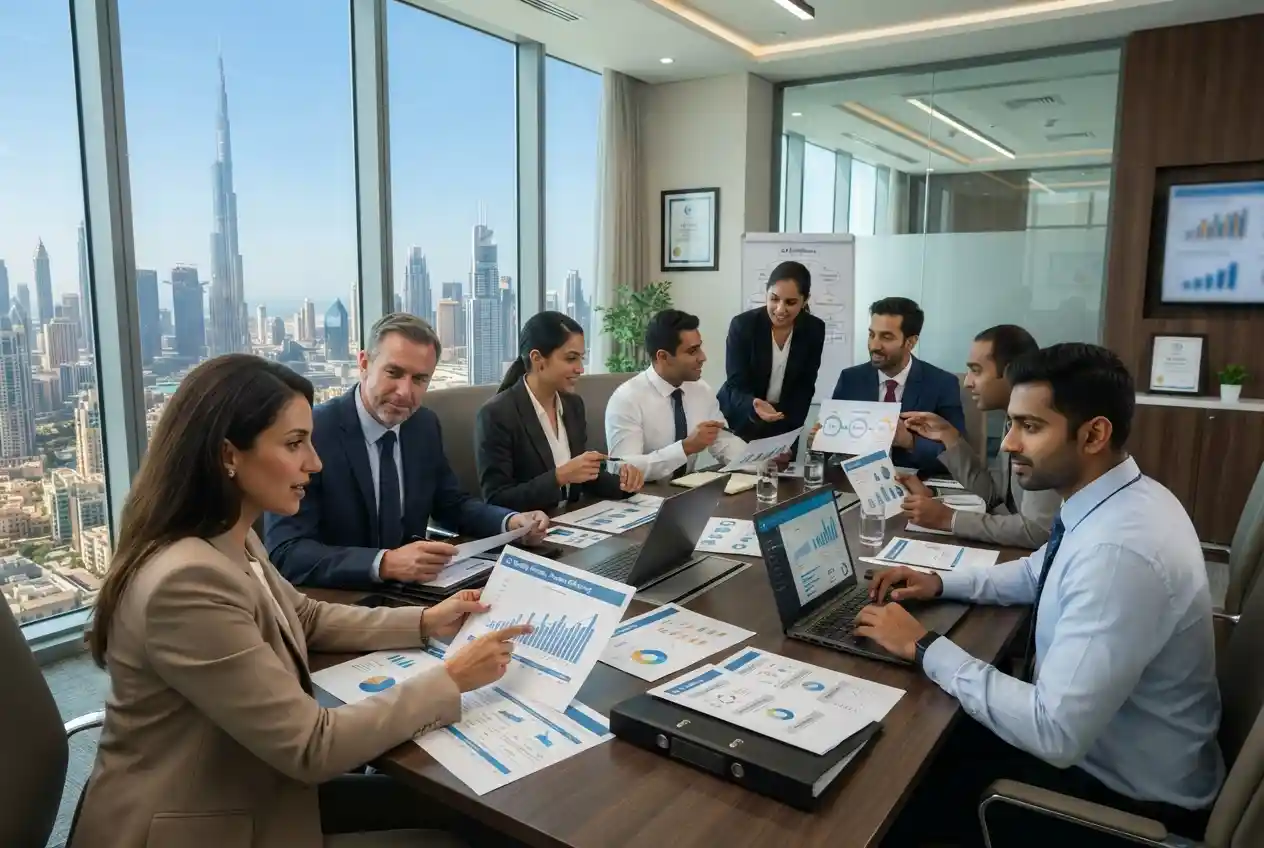 Quality management professionals reviewing processes in a Dubai office