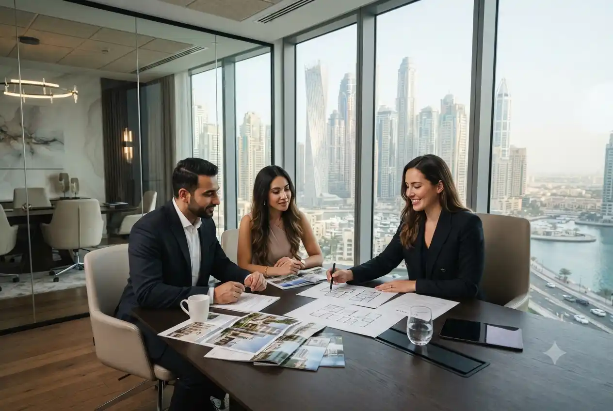 Professional real estate agent discussing property options with clients in Dubai