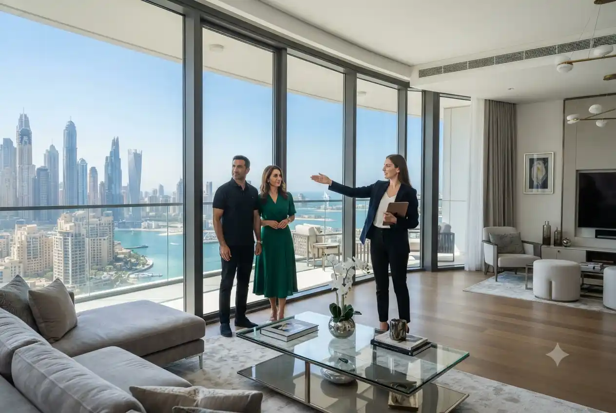 Professional real estate agent showing a luxury apartment in Dubai