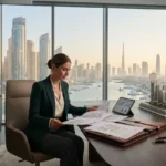 Licensed real estate professional reviewing property documents in a Dubai office.