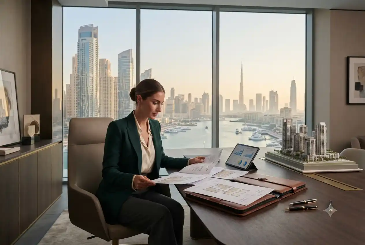 Licensed real estate professional reviewing property documents in a Dubai office.