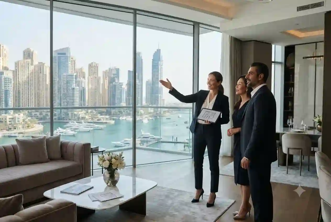 Professional real estate broker presenting a luxury apartment to clients in Dubai.