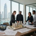 Property development consultants reviewing architectural plans for a UAE real estate project.
