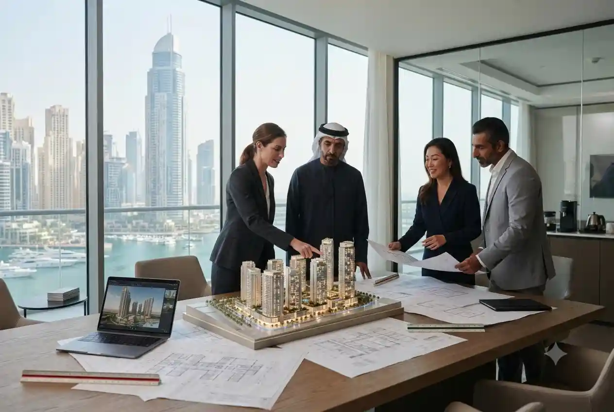 Property development consultants reviewing architectural plans for a UAE real estate project.