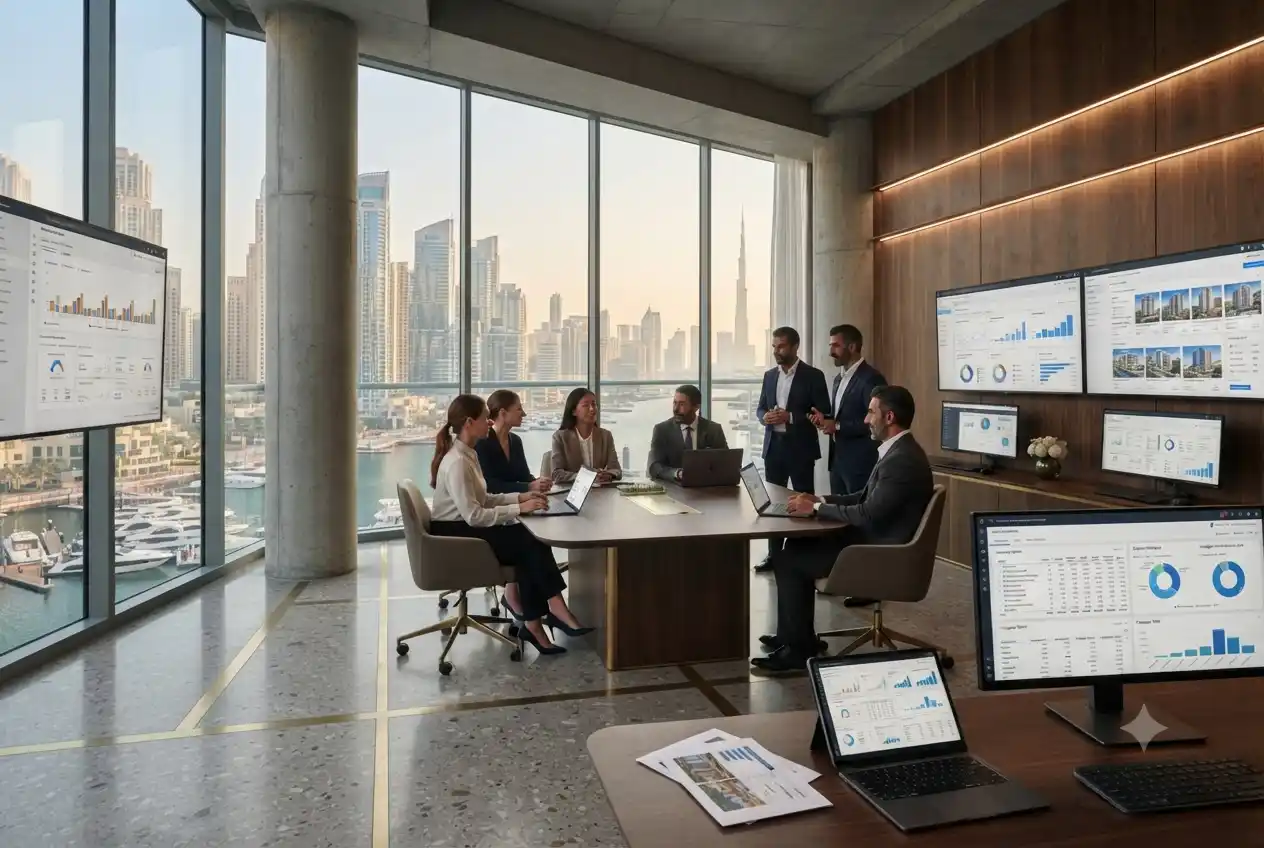 Digital marketing specialists analyzing online campaigns for a UAE real estate company.