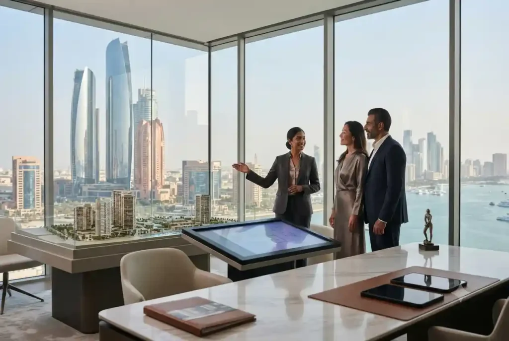 Professional real estate consultant discussing property opportunities with clients in Abu Dhabi.