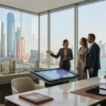 Professional real estate consultant discussing property opportunities with clients in Abu Dhabi.