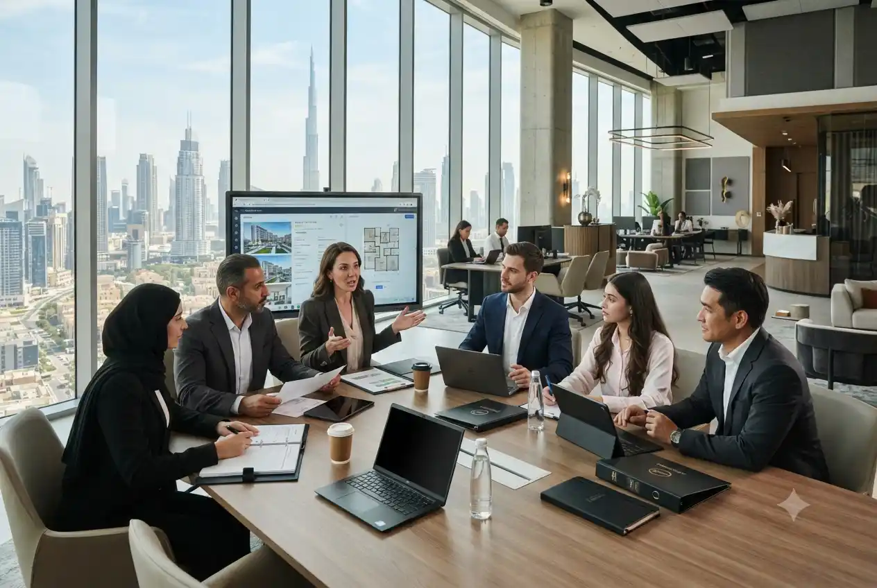 Real estate professionals working in a Dubai property office