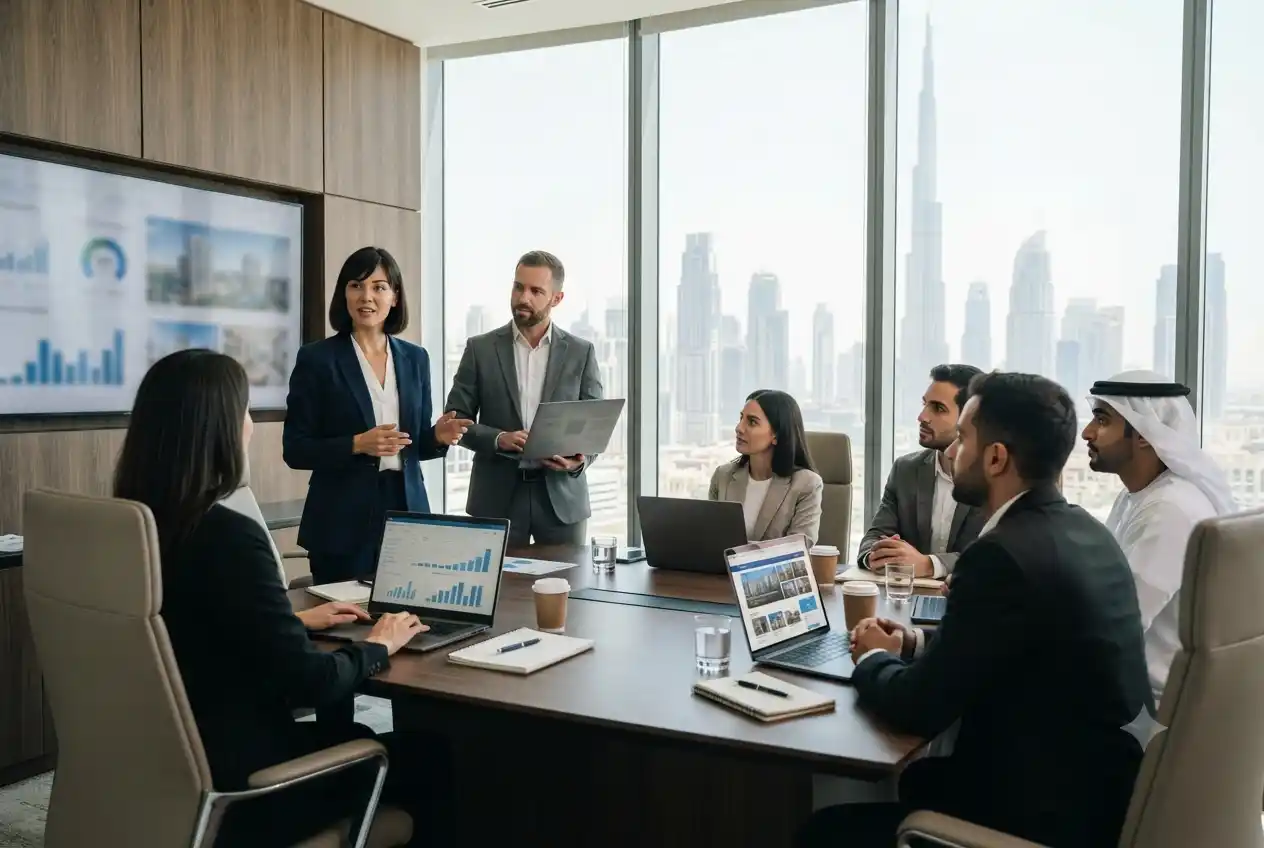 Real estate marketing agency presenting digital strategy to property developers