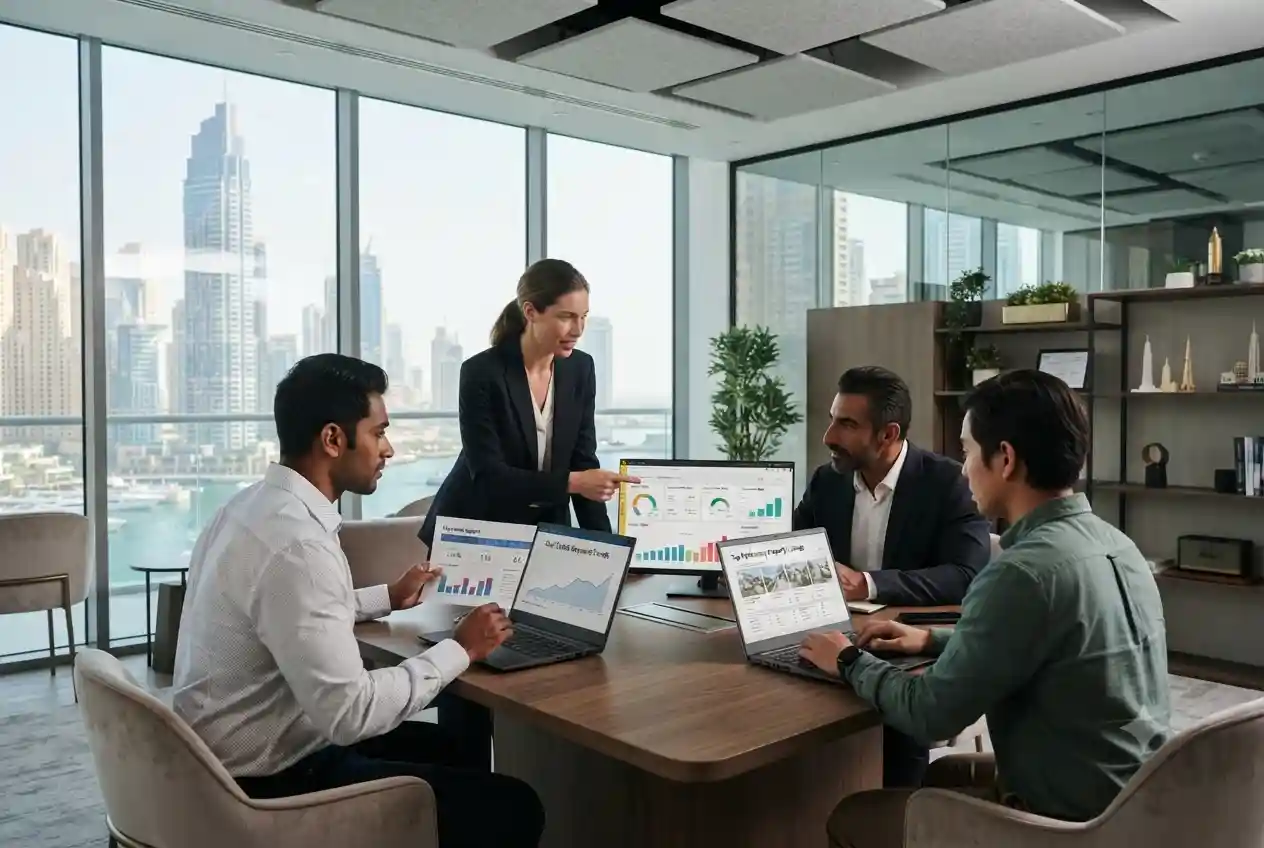 Marketing professionals reviewing SEO performance for a UAE real estate website.