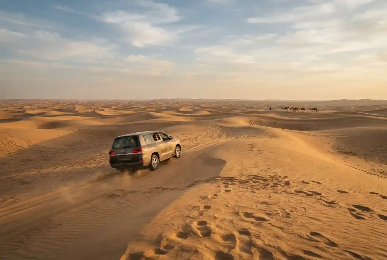 4x4 vehicle crossing golden dunes during a UAE desert safari