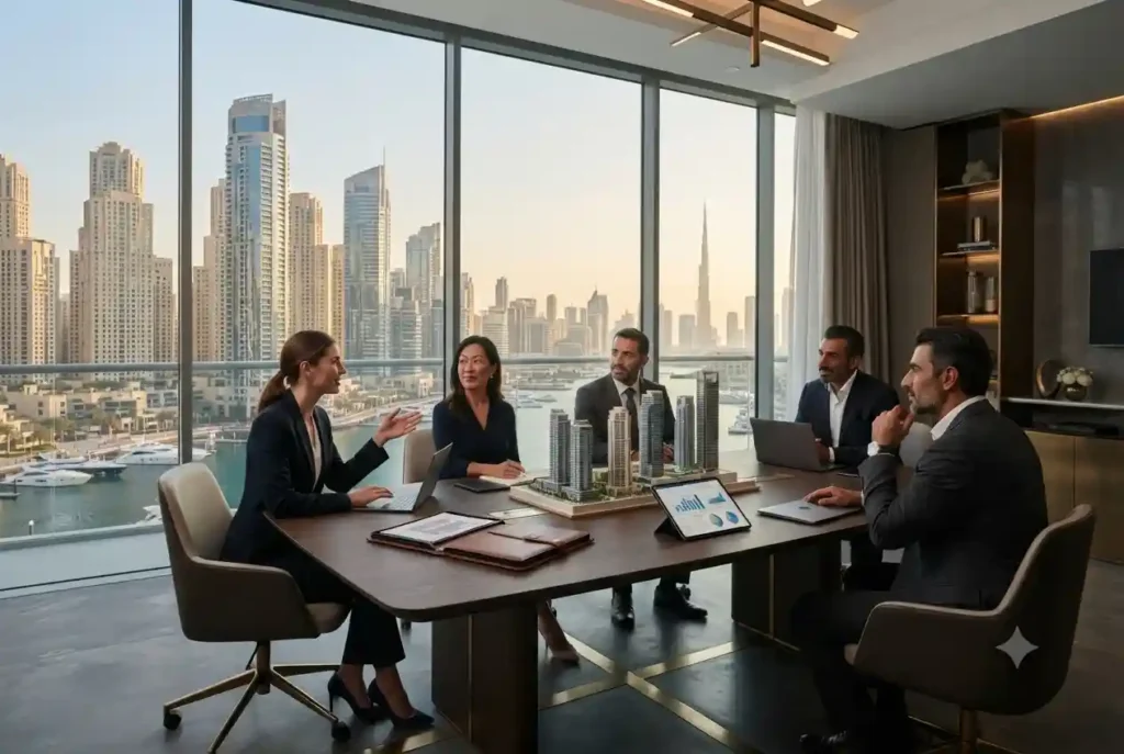 Real estate company executives discussing business strategy in a modern Dubai office.