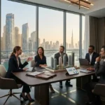 Real estate company executives discussing business strategy in a modern Dubai office.