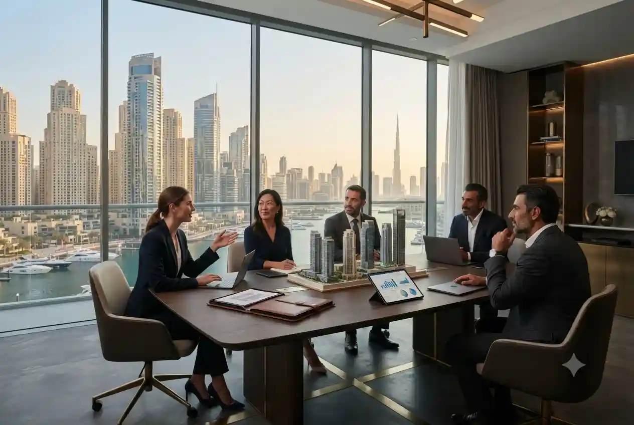 Real estate company executives discussing business strategy in a modern Dubai office.