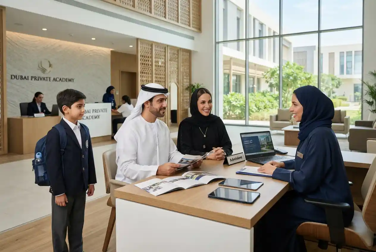 Parents discussing school admission with an admissions representative in the UAE